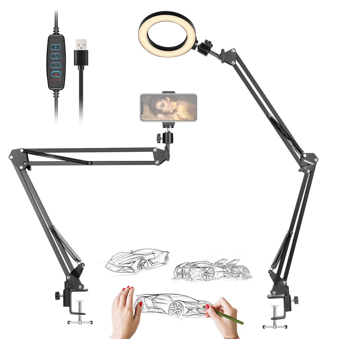 Neewer Ring Light, 6 Inches, USB Powered, 3 Light Modes, Adjustable Suspension Arm Stand, Compatible with iPhone Android for Live Streaming, Makeup, Online Lesson Video