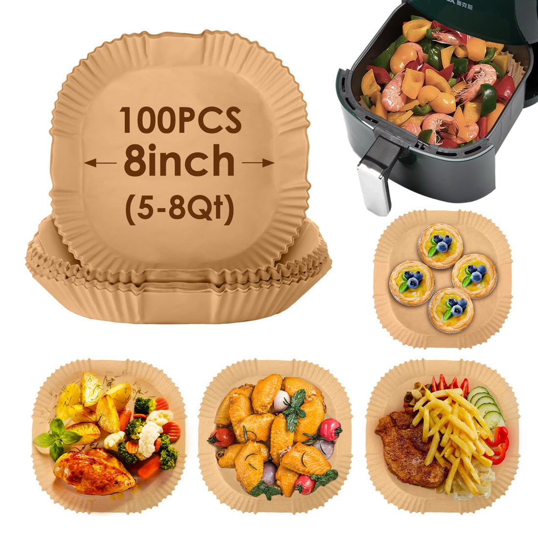 Air Fryer Disposable Paper Liner, 100PCS Air Fryer Liners, Non-stick Parchment Paper Liners Square, Grease Proof Bakery Paper for Air Fryer Roasting Microwave, Oil-proof, Food Grade (8 Inch)
