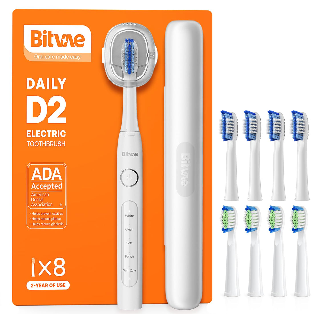 Bitvae Electric Toothbrushes for Adults and Kids, ADA Accepted Rechargeable Travel Sonic Toothbrush with 8 Brush Heads, 5 Modes, Holder, D2 (White)