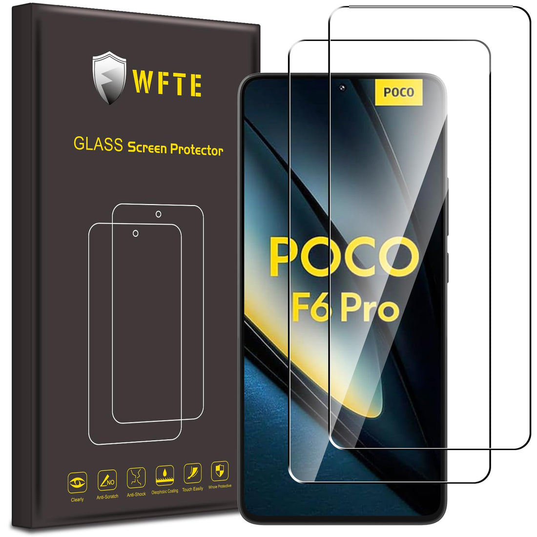 WFTE [Pack of 2 Tempered Glass Screen Protector Films for Xiaomi Poco F6 Pro, 0.26 mm with 99% High Transparency, Anti-Fingerprint Screen Protector with 9H Hardness Glass