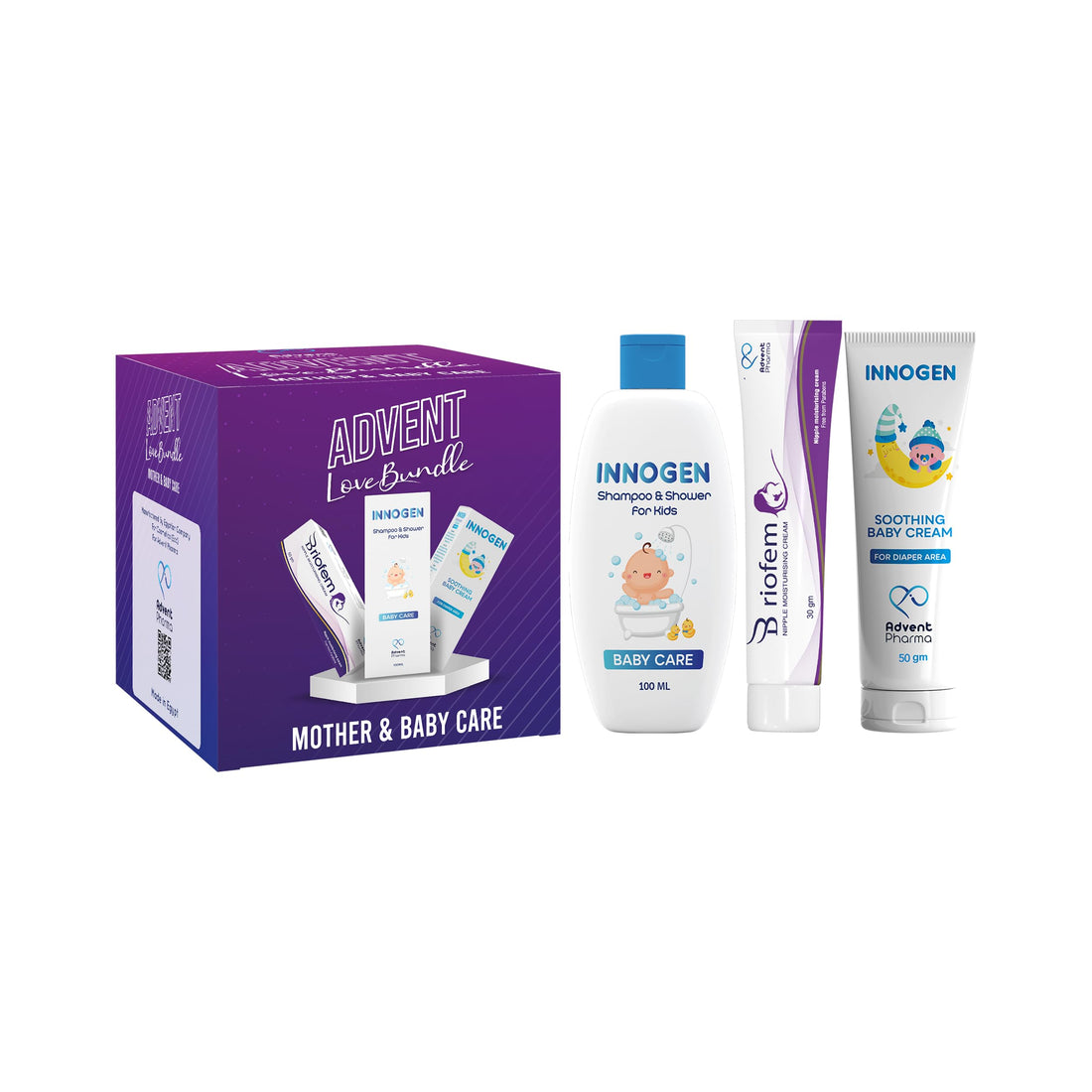 Advent Mother & Baby Care Kit - Briofem Moisturizing Cream for Breastfeeding Mothers, Innogen Baby Shampoo & Shower, Diaper Moisturizing Cream