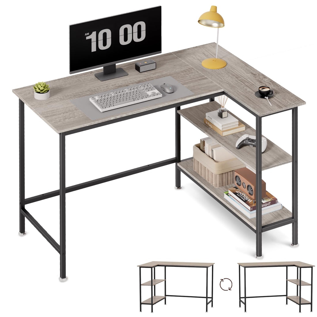 GZSHIYITECH L Shaped Office Desk with Reversible Storage Shelves, Can be Used as a Game Desk or Computer Desk ,Modern Design Corner Desk (Gray)