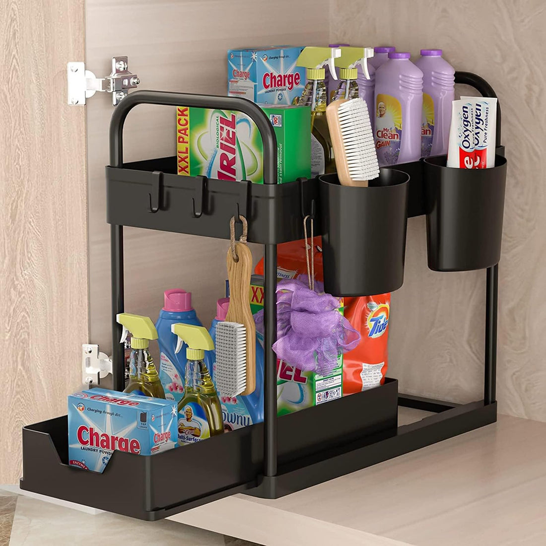 Tazweeq 2-Tier Sliding Under Sink Organizer, Multi-Purpose Cabinet Storage with Hooks & Hanging Cup, Space-Saving Design for Bathroom/Kitchen (Black)