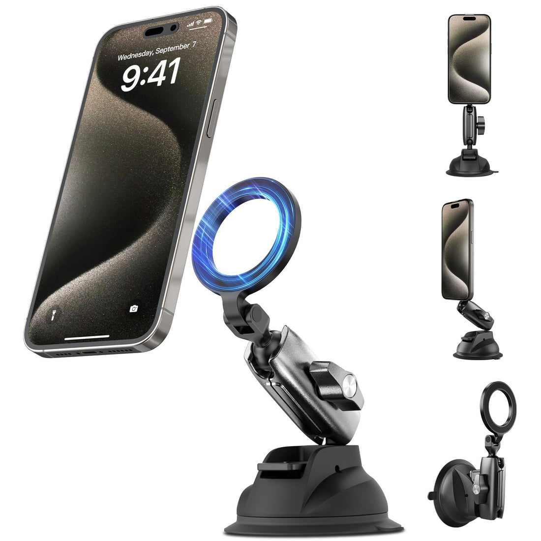 TELESIN°Magnetic Aluminum Suction Cup Car Phone Holder for Video Recording, 360° Adjustment Car Phone Mount Dashboard Phone Holder for Magsafe, Windshield Window Dash Vent Mount for iPhone Android