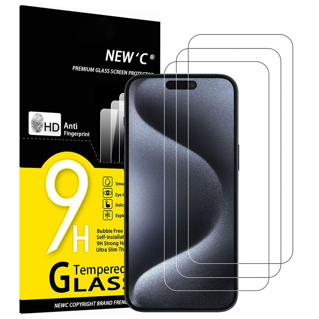 NEW'C Pack of 3 Tempered Glass Screen Protector for iPhone 15 Pro Max / 15 Plus (6.7 Inches), Scratch Free, 9H Hardness, HD Screen Protector, 0.33 mm Ultra Clear, Ultra Resistant