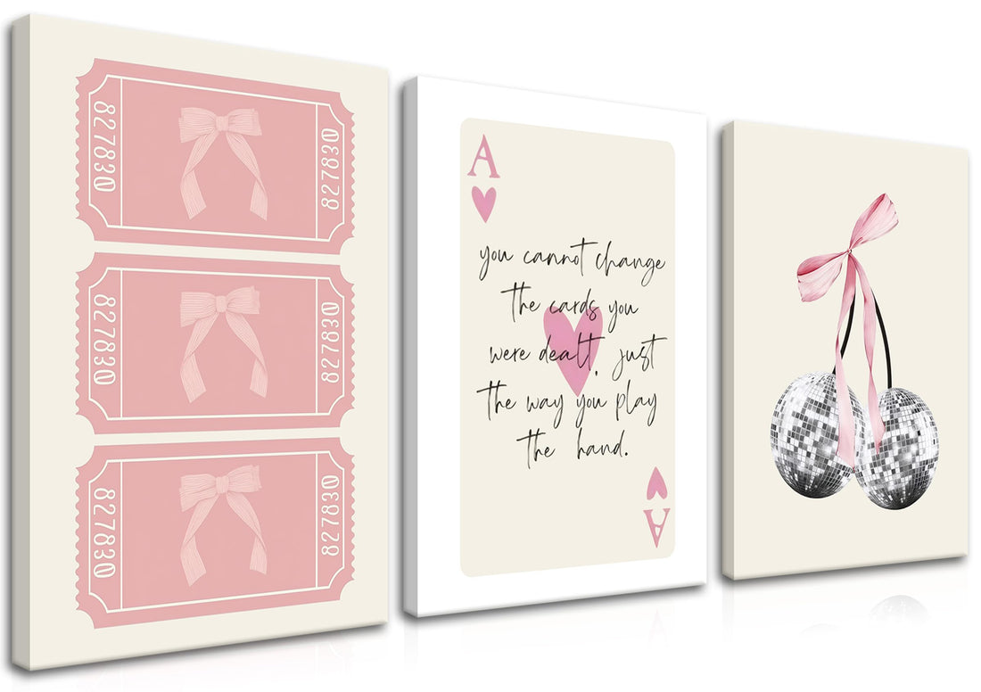 Pink Preppy Wall Art Set of 3, Coquette Room Decor, Trendy Poker Bow Canvas Wall Decor Paintings, Disco Cherry Room Aesthetic Posters Prints for Girls Dorm College Apartment 12x16In Framed