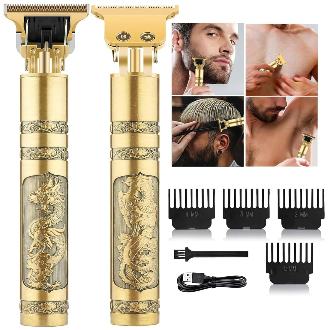 Trimmer Men Cordless Hair Clipper Electric T Blade Dragon Style Beard Trimmers, Shaver, Edgers Professional Zero Gapped USB Rechargeable Clippers with 4 Guide Combs Men's Grooming Kit