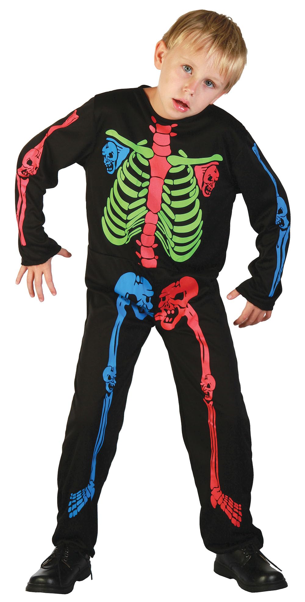 Boys Colourful Skeleton Halloween Costume, Black Long Sleeve Top and Trousers Set, Boys Fancy Dress Outfit size Small