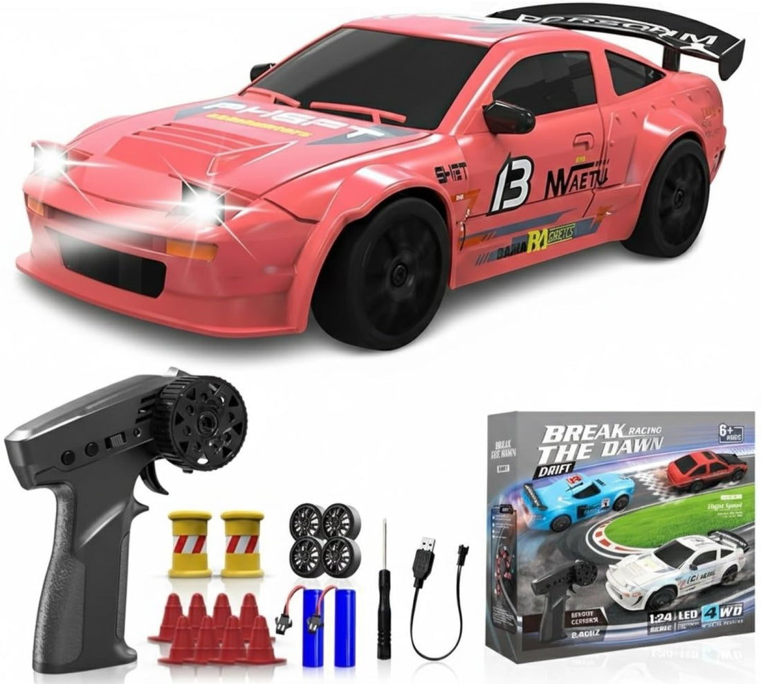 TOYS LAND 1:24 Scale RC Drift Car, 2.4GHz Remote Control Car, 17KM/H High Speed 4WD Racing RC Cars, Extra Tires, LED Lights, 2 Rechargeable Batteries, Sport Vehicle Toy for Adults kids Boys 6+ (Pink)