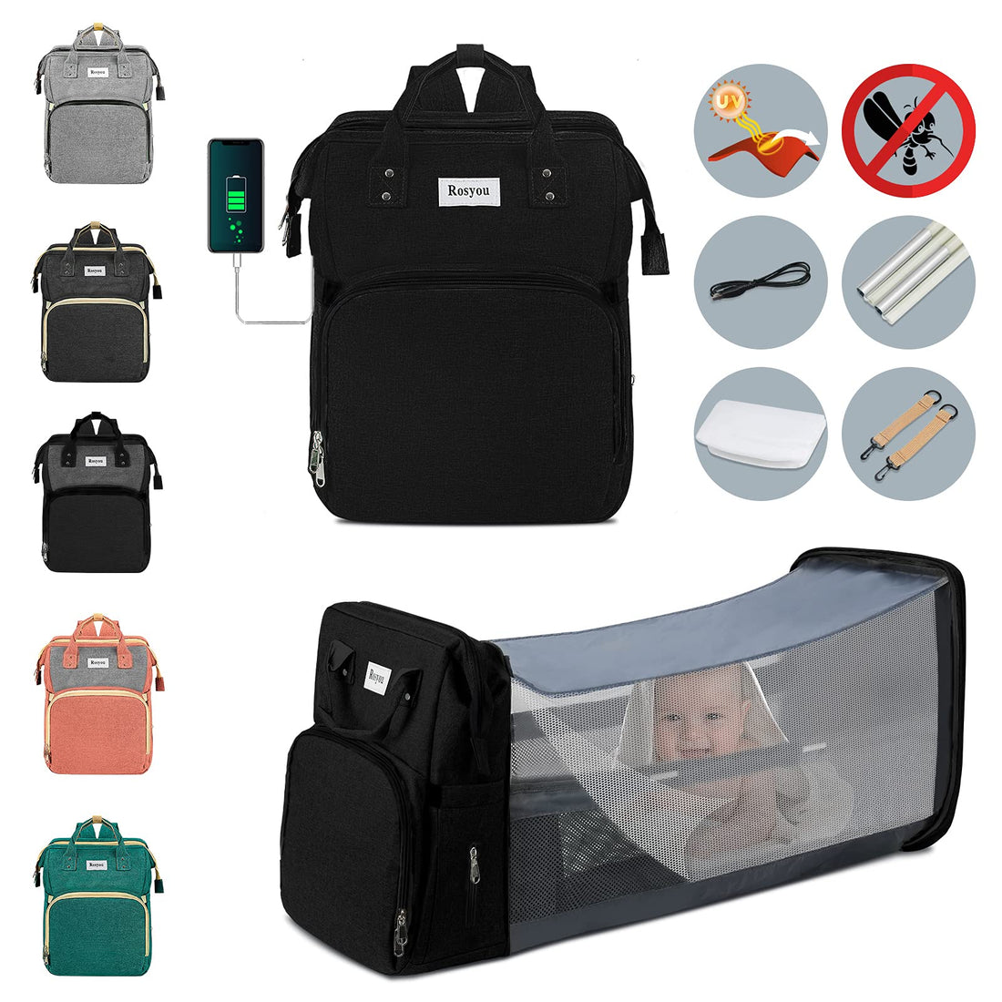 Diaper Bag Backpack, Multifunction Travel Baby Nappy Changing Bag for Dad Mom with Insulated Pockets, Mosquito Net, Changing Pad, Storller Straps, Maternity Baby Bag for Boys Girls (Black)