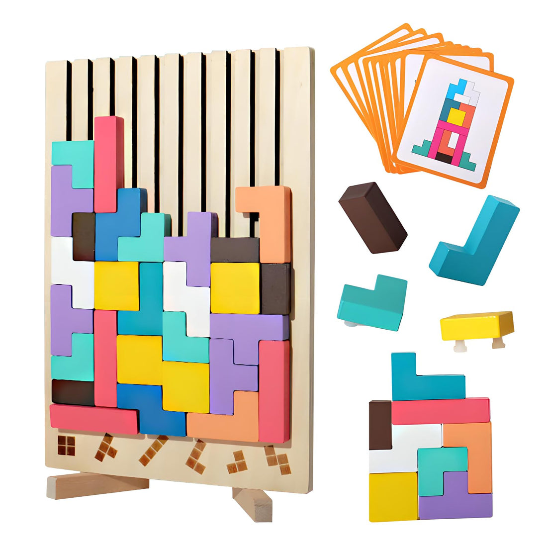 Wooden Tetris Puzzle, Educational Toys, Montessori Games 3 4 5 6 Years, Intelligence Jigsaw, Brain Toy, Colorful Geometric Blocks Tetris, Gift for Child
