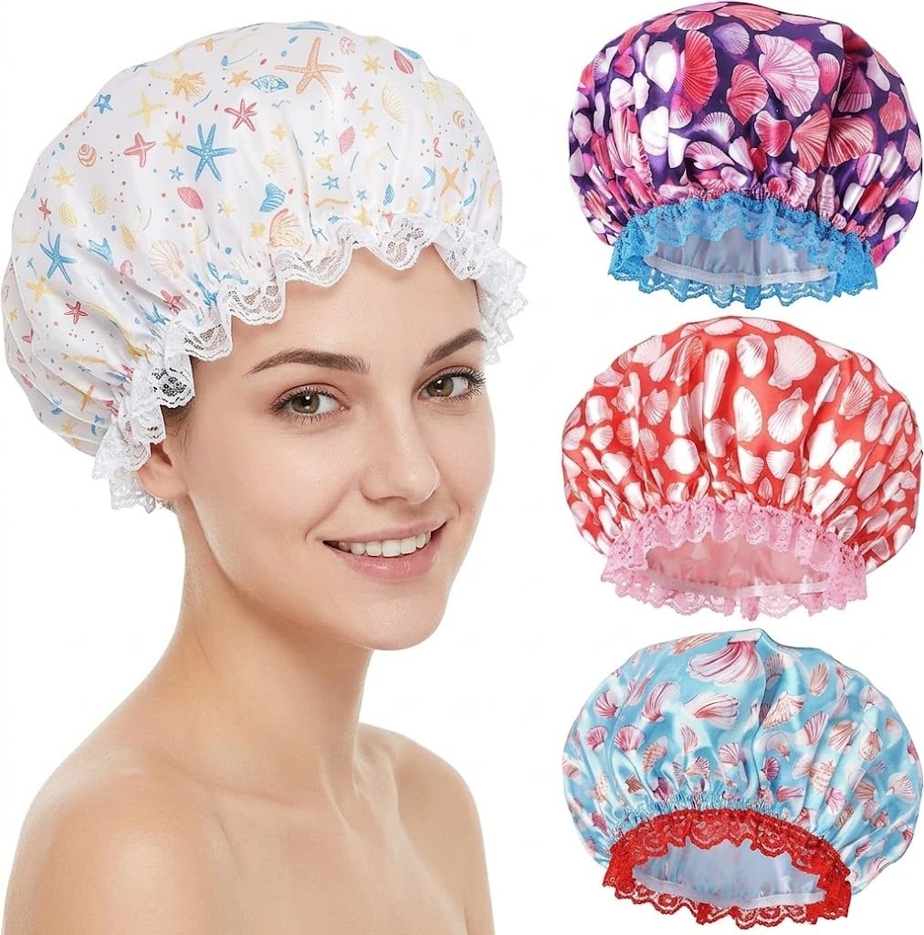 1 PC Shower Caps for Women, Elastic and Reusable Bath Caps, Double Waterproof Layers Shower Cap, Bathing Shower Caps, Environmental Protection Hair Bath Hat - Printed Color-RANDOM