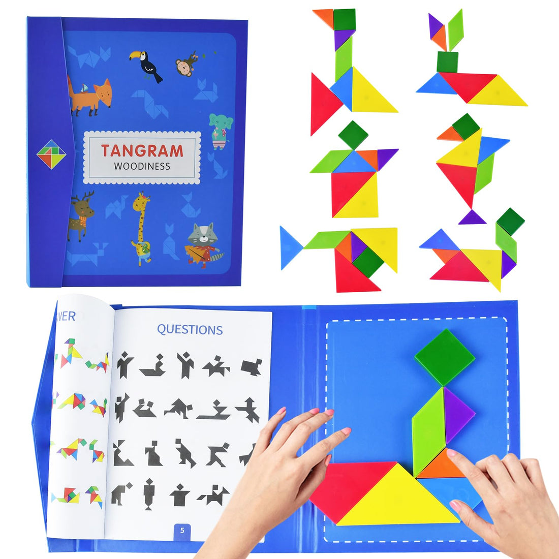 Tangram Magnetic, Tangram Children, Tangram Puzzle, Tangram Magnetic Puzzle, Geometric Shapes, Puzzle Building Blocks, Book Shape for 3 4 5 6 7 8 Years Children's Tangram Children Party Bag (Blue B)