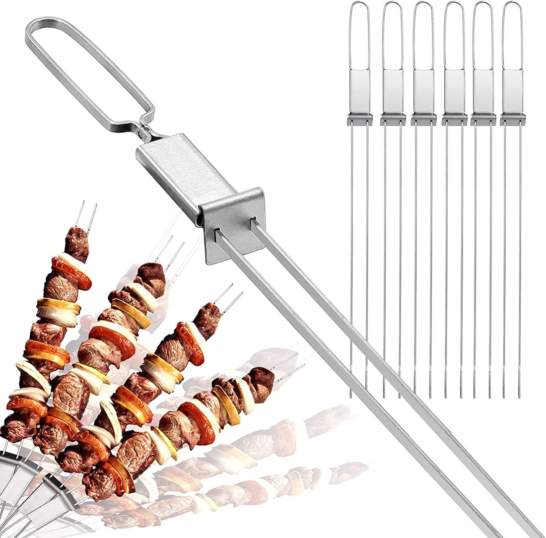 Skewers for Grilling Double Pronged BBQ Skewers with Push Bar Shish Kebab Skewers Stainless Steel Skewer Sticks for Camping or family Reusable Skewers 6 Pack