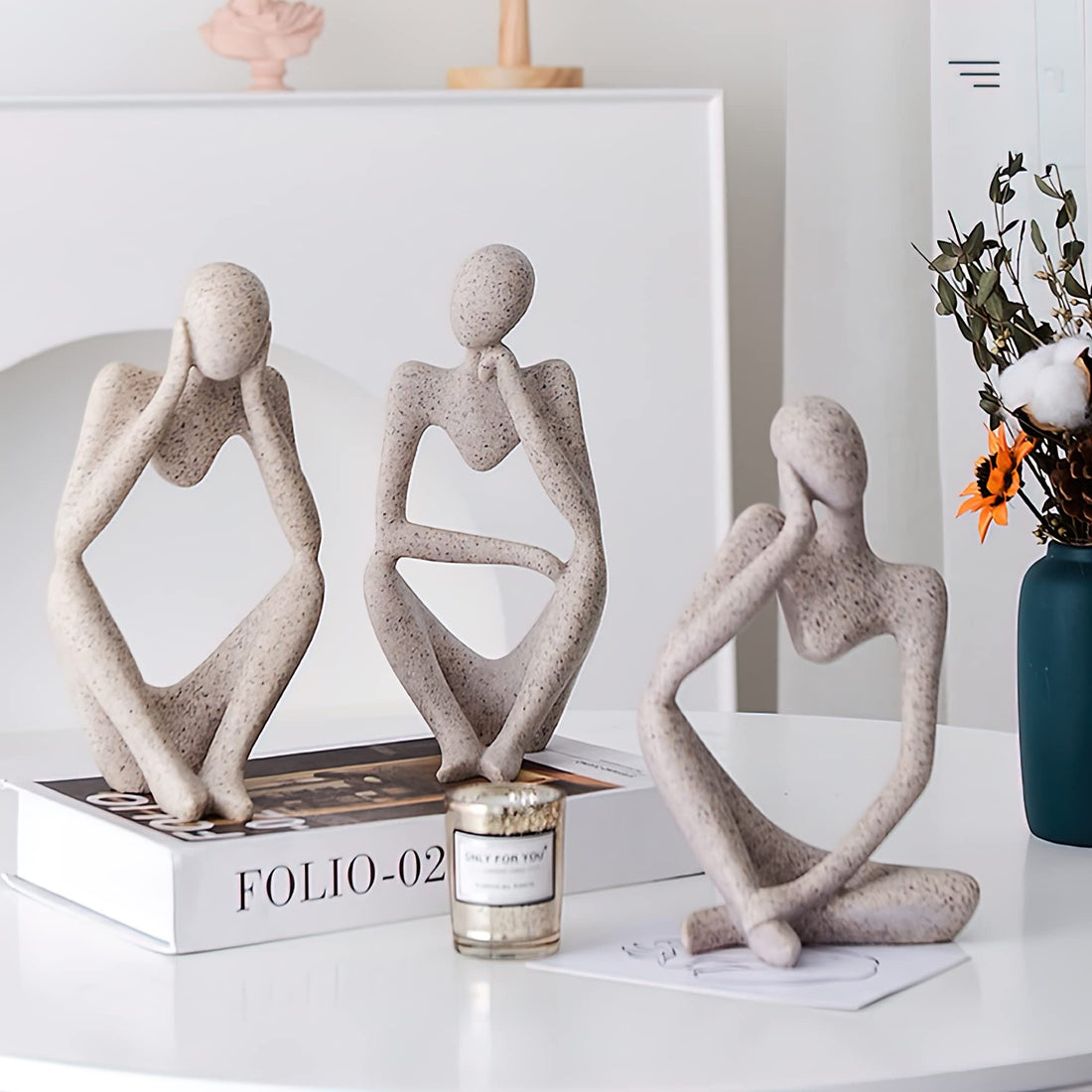 Home Accents - Resin Thinker Statue 3 PCS, Abstract Bookshelf Decor, Decorative Sculpture for Office, Book Shelf, Figurines (Beige)