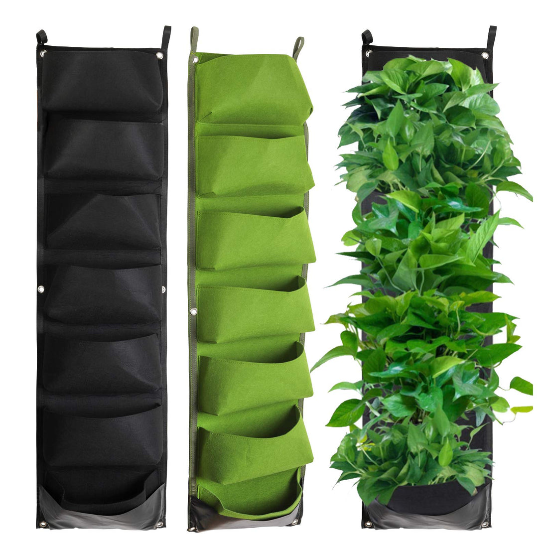 meridien-2 Pack Vertical Hanging Garden Planter with 7 Pockets, New Upgrade Deeper and Bigger Waterproof Wall Mount Planter Pouch Solution for Yard Garden Home Decoration(Black, Green)