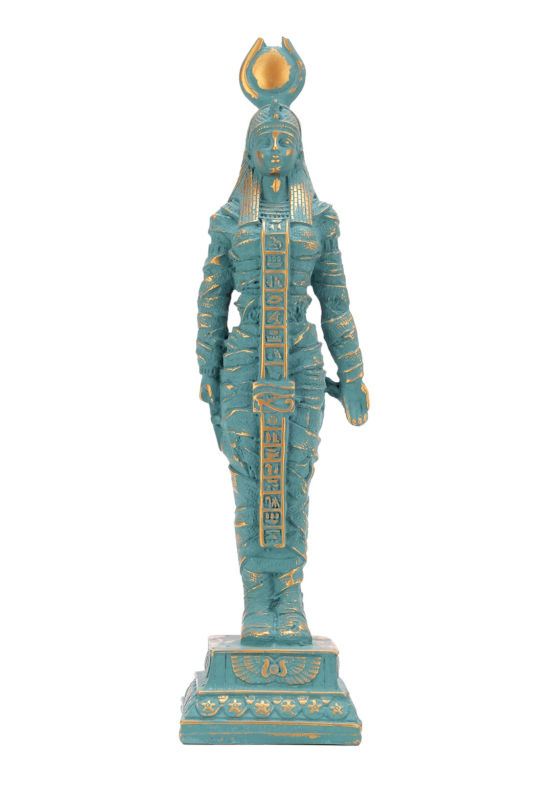 Ancient Egyptian statue of goddess Isis green statue with gold antique color contains eye of Horus solid stone made in Egypt.