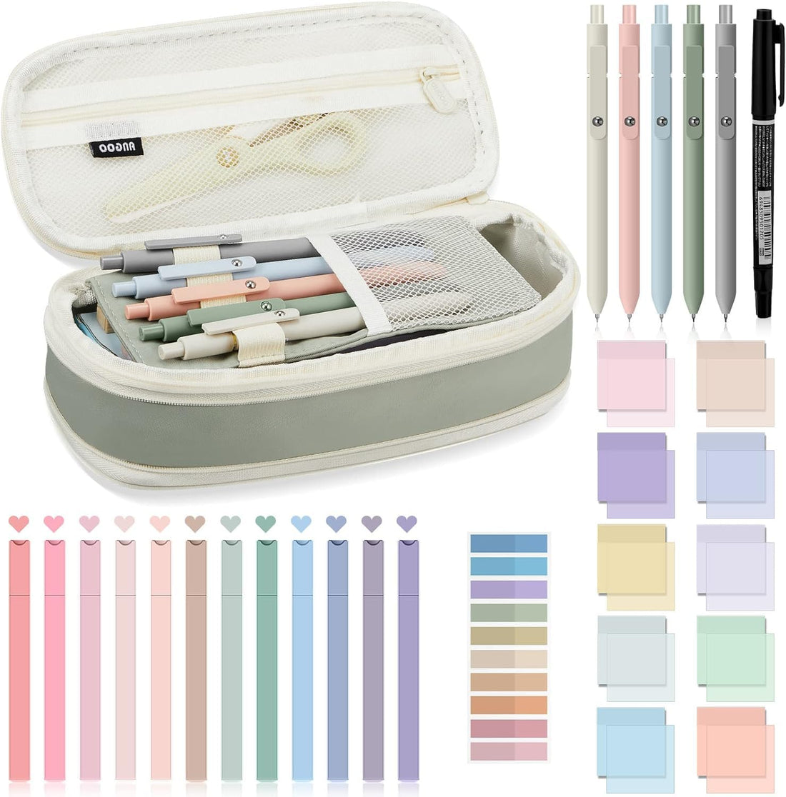 Coolchic 30 Pcs Study Supplies, Stationary Set Pencil Case Bag with Highlighter Gel Pen Ballpoint pen Transparent Sticky Notes Index Tab,Back to School Gifts