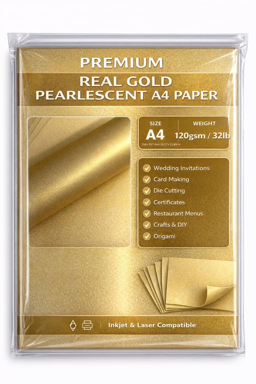 Syntego 10 x A4 Paper Gold Peregrina Real Gold Colour Pearlescent 32lb Bond Double Sided Suitable for Inkjet and Laser Printers