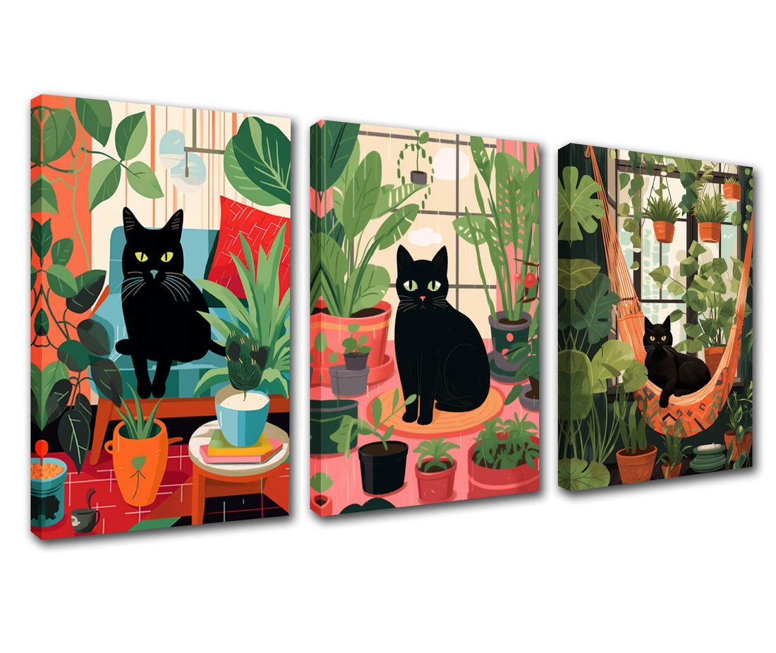 Cute Kitten Animal Home Decorations for Living Room Pictures Black Cat Surrounded by Potted Plant Paintings 3 Pcs Canvas Leaves Art Bathroom Artwork Framed Gallery-wrapped Ready to Hang 42''Wx20''H