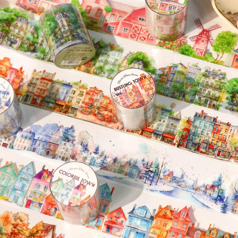 Nordic Town PET washi stickers 6 rolls Decorative Landscape Design for Journals and Crafts, Suitable for Various Scenarios like Phone Cases, Cup Stickers, Scrapbooking Supplies