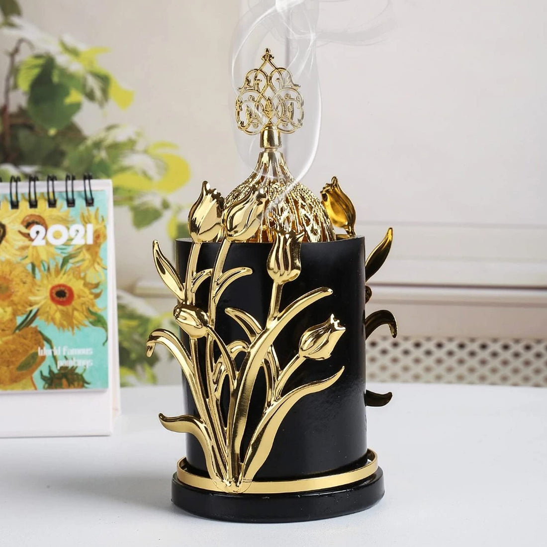 THE PACK- Incense Burner Oud Incense Burner with Luxury Decor - Oud Incense Burner - Flower Incense Burner (BLACK)