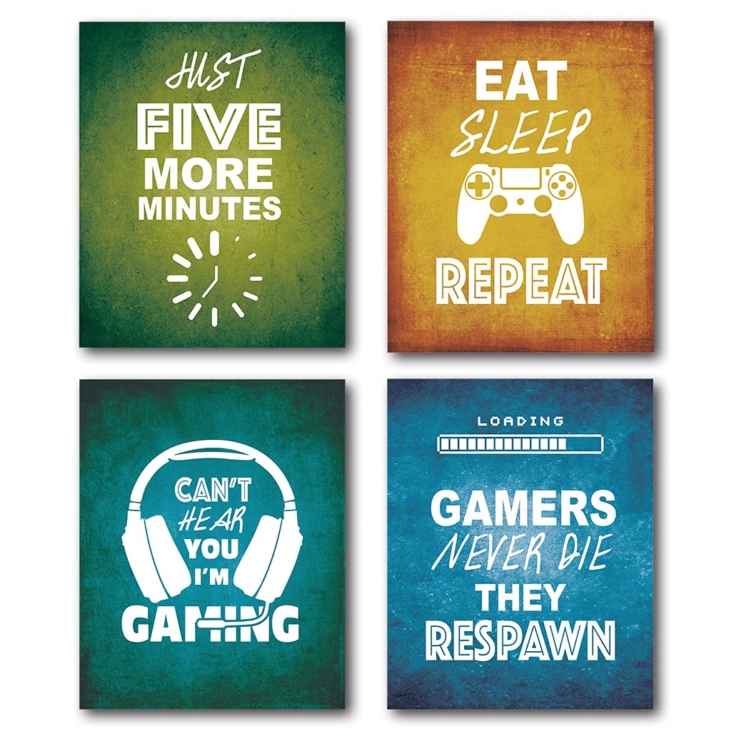 Just Five More Minutes Video Game Wall Art Prints Poster, Gamer Gifts for Men, Teen Boys, Boyfriend, Gaming Wall Art for Boys Room Bedroom Playroom Decor, 8 x 10 Inch Set of 4 Prints, Unframed