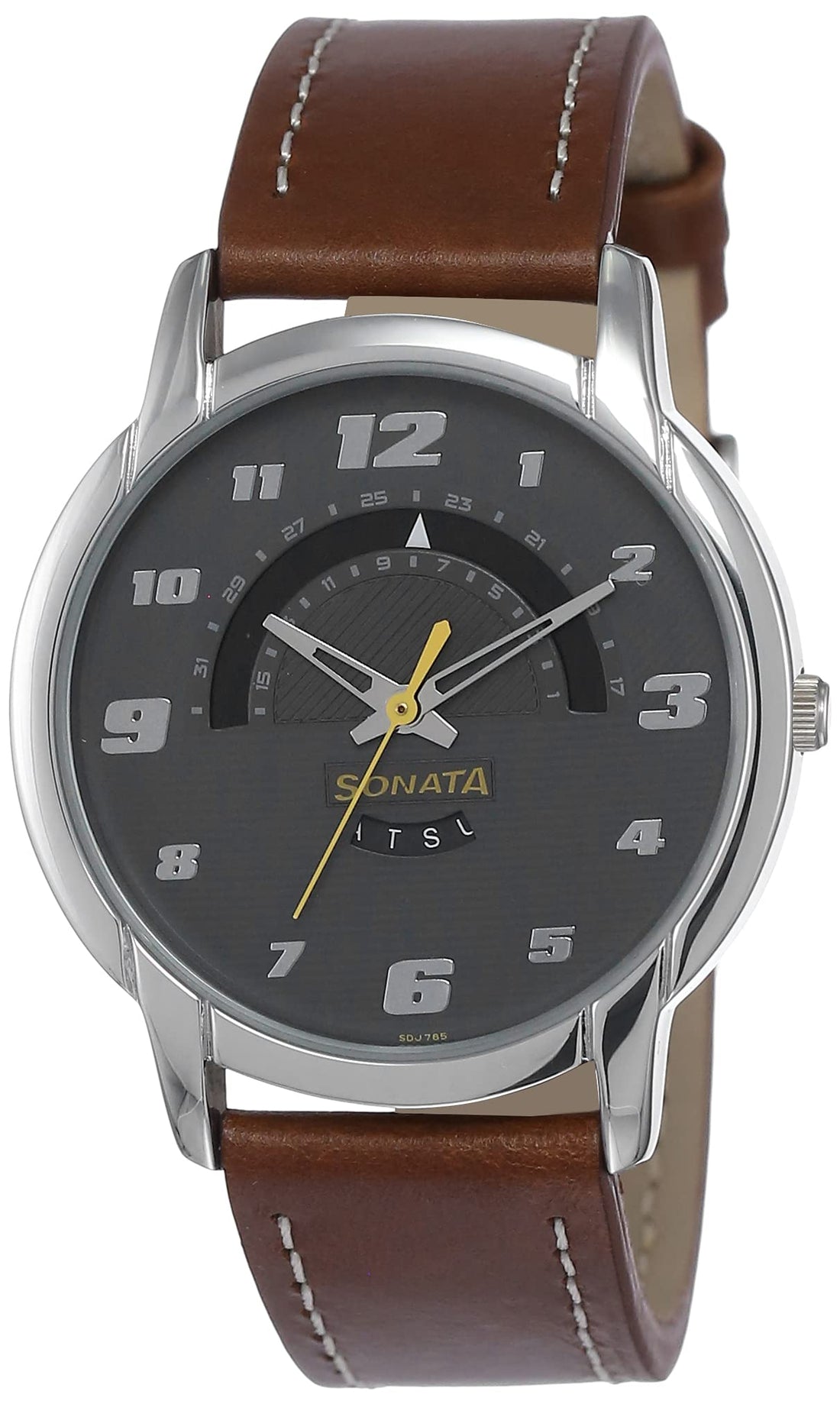 Sonata Watch for Men, Automatic Movement, Analog Display, Brown Leather Strap-NP77031SL03