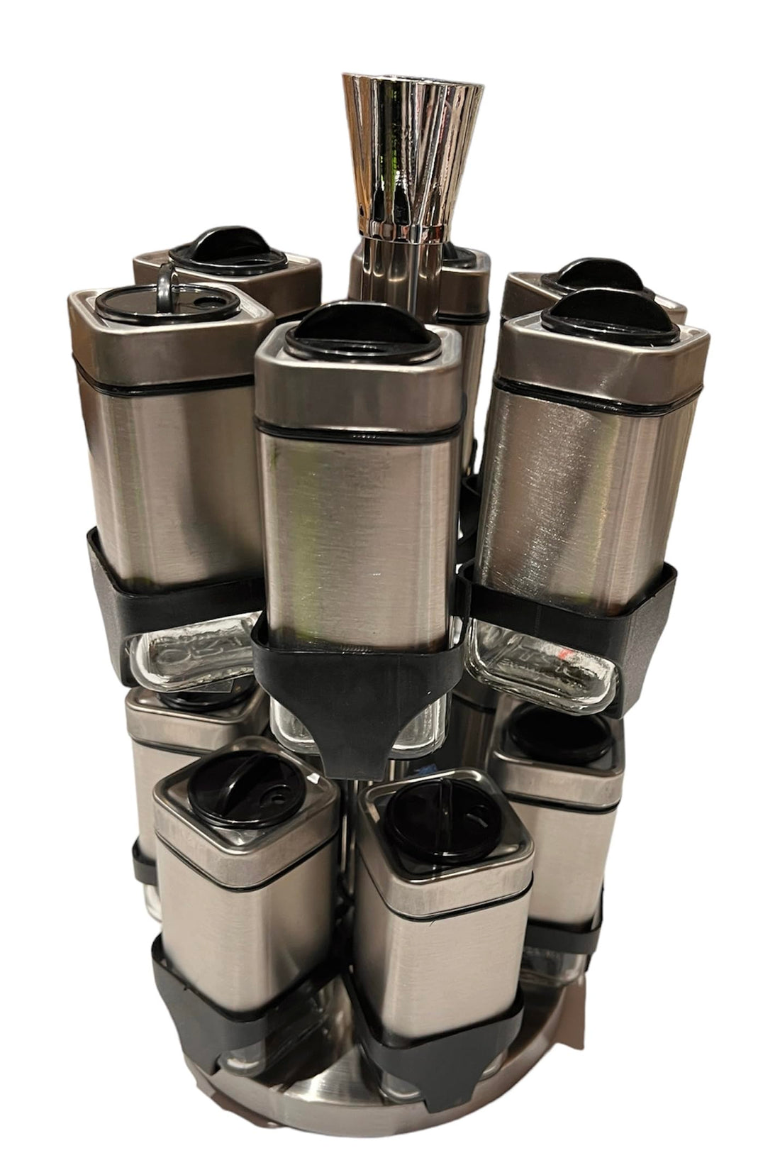 Stainless Steel Revolving Spice Rack Set with 16 Spice Jars Spice Rack Tower Organizer for Countertop or Cabinet Standing Seasoning Tower for Kitchen 360° Rotating Spice Carousel 03