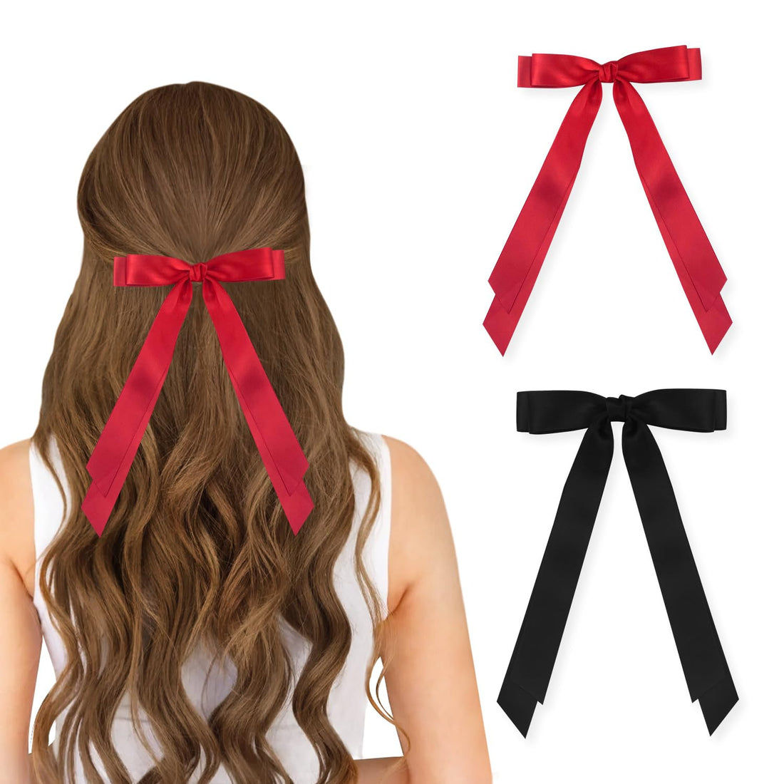Ribbon Hair Clips for Women Cute Soft Silkly Satin Hair Bows Hair Clip Accessories 2Pcs Black Red-S
