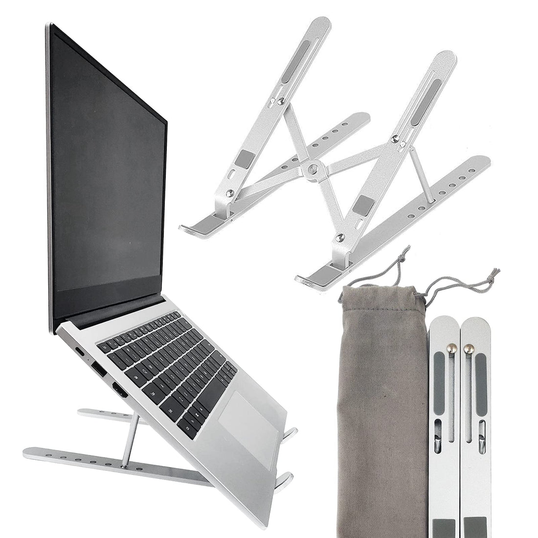 Adjustable Ergonomic Laptop Stand for Desk - Portable Aluminum Computer Stand, 7 Angle Anti-Slip, Compatible With 9-15.6 Inch Laptops, Silver