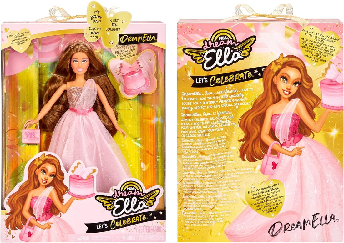 MGA Entertainment Dream Ella Let's Celebrate Doll DreamElla, Pink & Gold Glitter Butterfly Confetti Unboxing 11.5" Brunette Party Fashion Doll + 5 Accessories for Birthday, Graduation, Special Day
