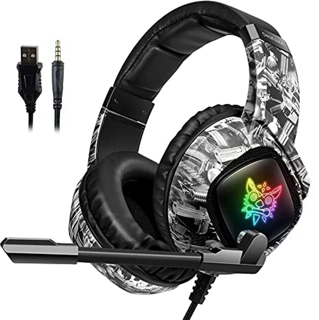 ONEIKUMA K19 Tactical Edition Headset in Army Camo | 50mm Drivers with 7.1 Surround | Battle-Ready RGB Accents | Detachable Boom Mic | USB Power + 3.5mm Audio