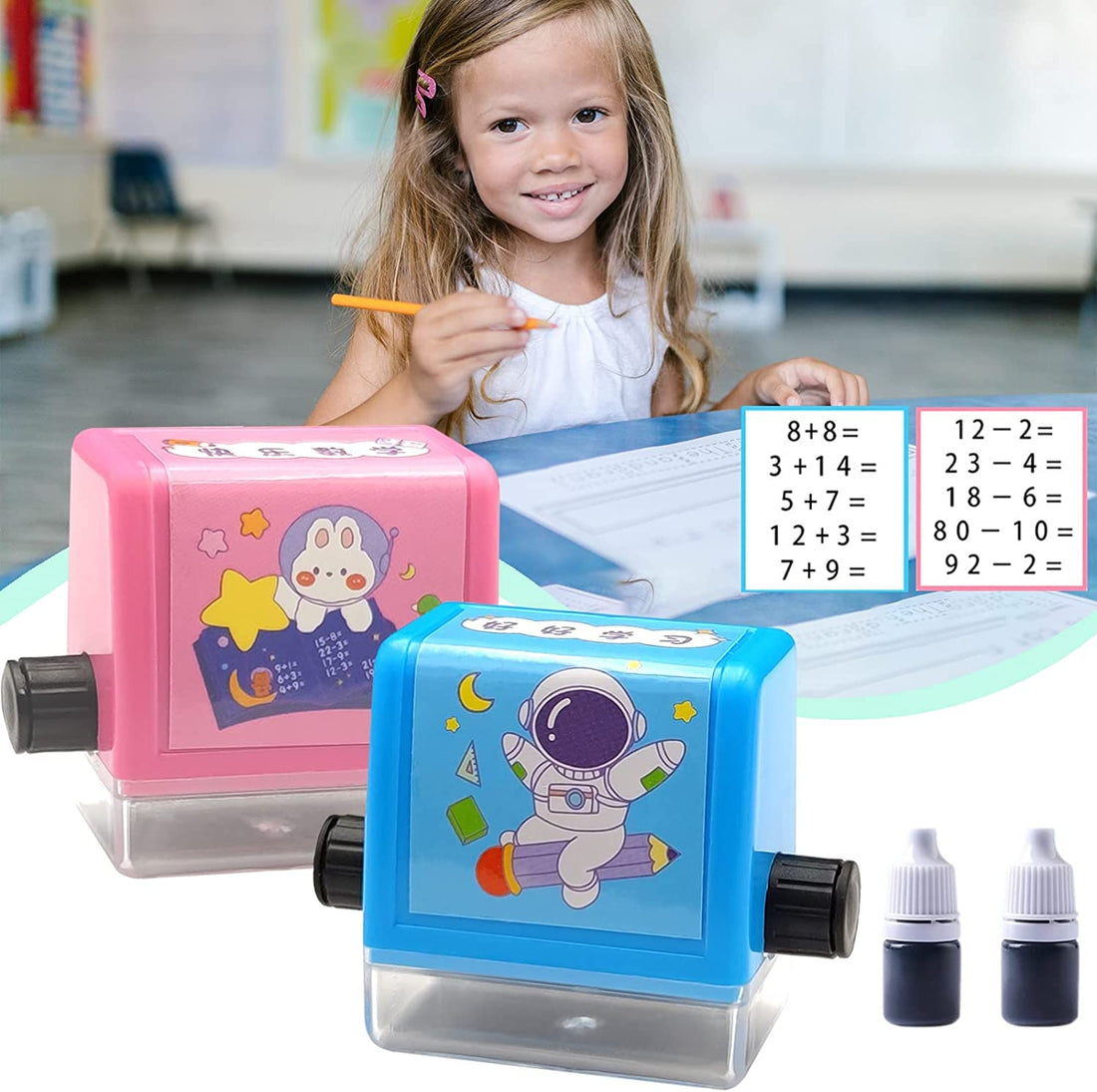 Math Addition and Subtraction Teaching Stamps, Math 100 Addition and Subtraction Practice Roller Stamps, for Homeschool Teaching Homework Practice (2 Pieces + 2 Bottles of Ink), Powder Blue
