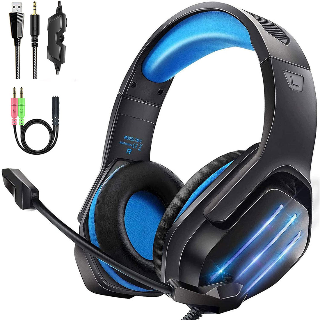 TM8 Gaming Headset, 7.1 Surround Sound Headset with Microphone, For Games, PC Headphones, Heavy Bass, Telescopic, Noise Isolation, Wired, FPS Compatible, LED Light,