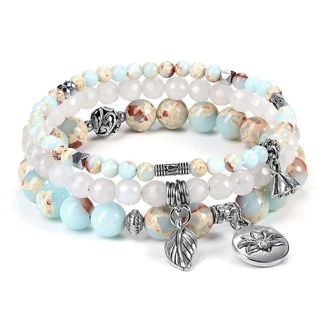 Top Plaza Healing Crystal Stone Beads Stretch Bracelets Set Chakra Yoga Reiki Gemstone Beaded Bracelet Lotus Leaves Charm Jewelry for Womens, 7 5 inch, Stone, Agate