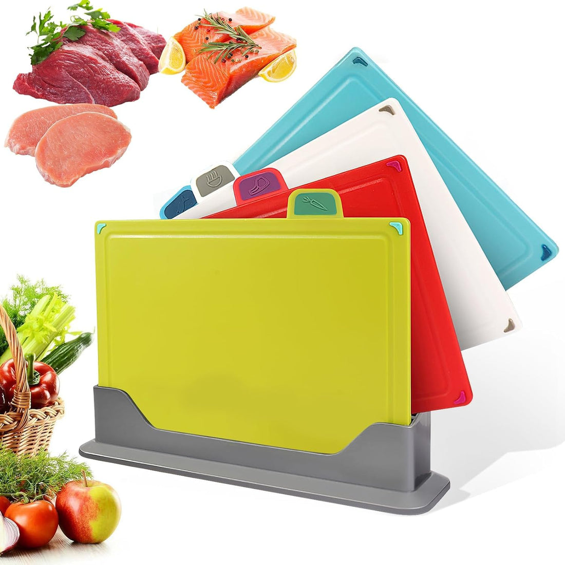 Cutting Board Set of 4 with Storage Stand, Non-Toxic Chopping Board Kit, Plastic Cutting Boards for Kitchen Dishwasher Safe, Cutting Mat for Meat and Vegetable