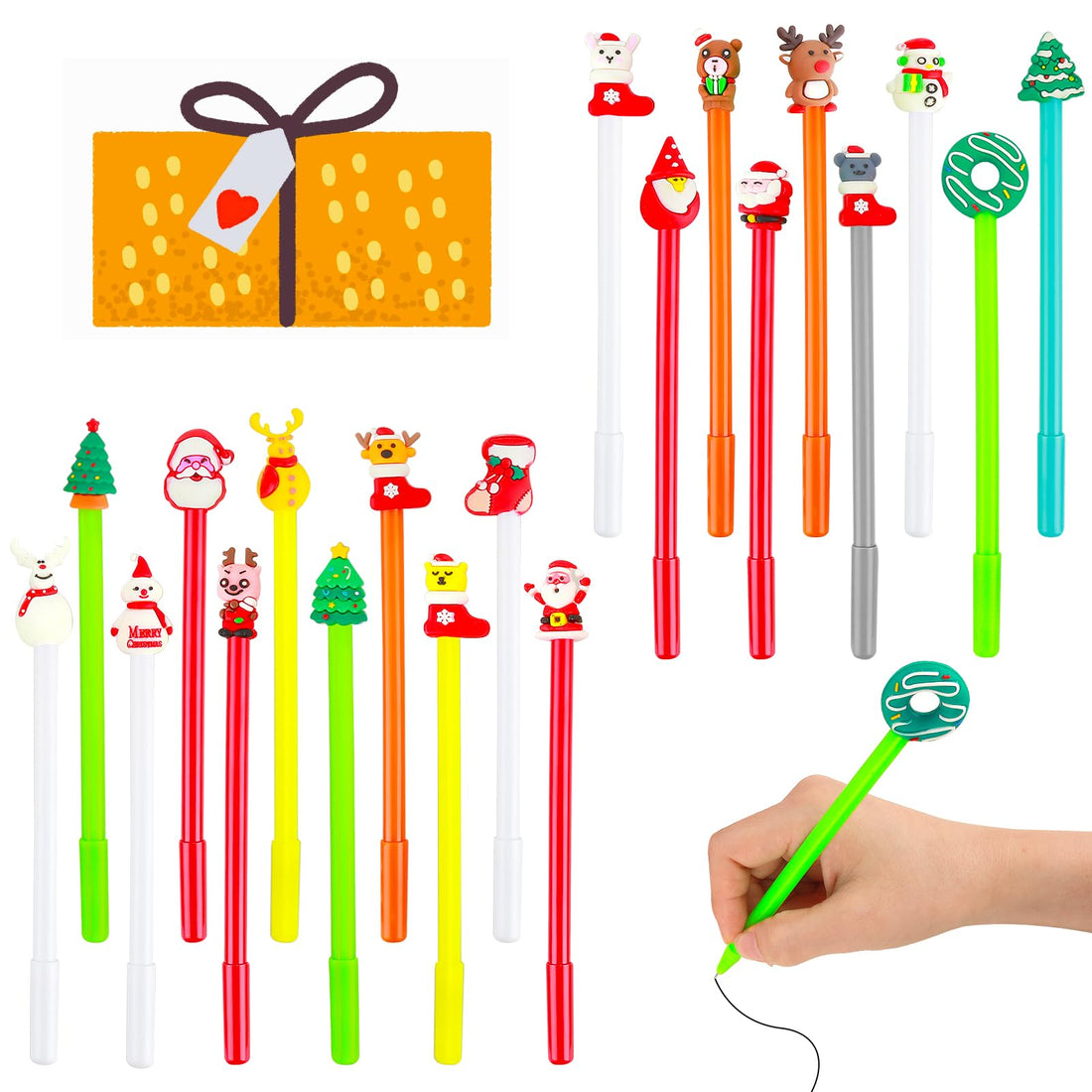 Bewudy 12 Pcs Christmas Novelty Pen Gel Ink Pen, Cartoon Snowman Santa Reindeer Tree Christmas Pens, 0.5mm Black Ink Fine Point Gel Pen for Writing, Christmas Office School Supplies Party Gift