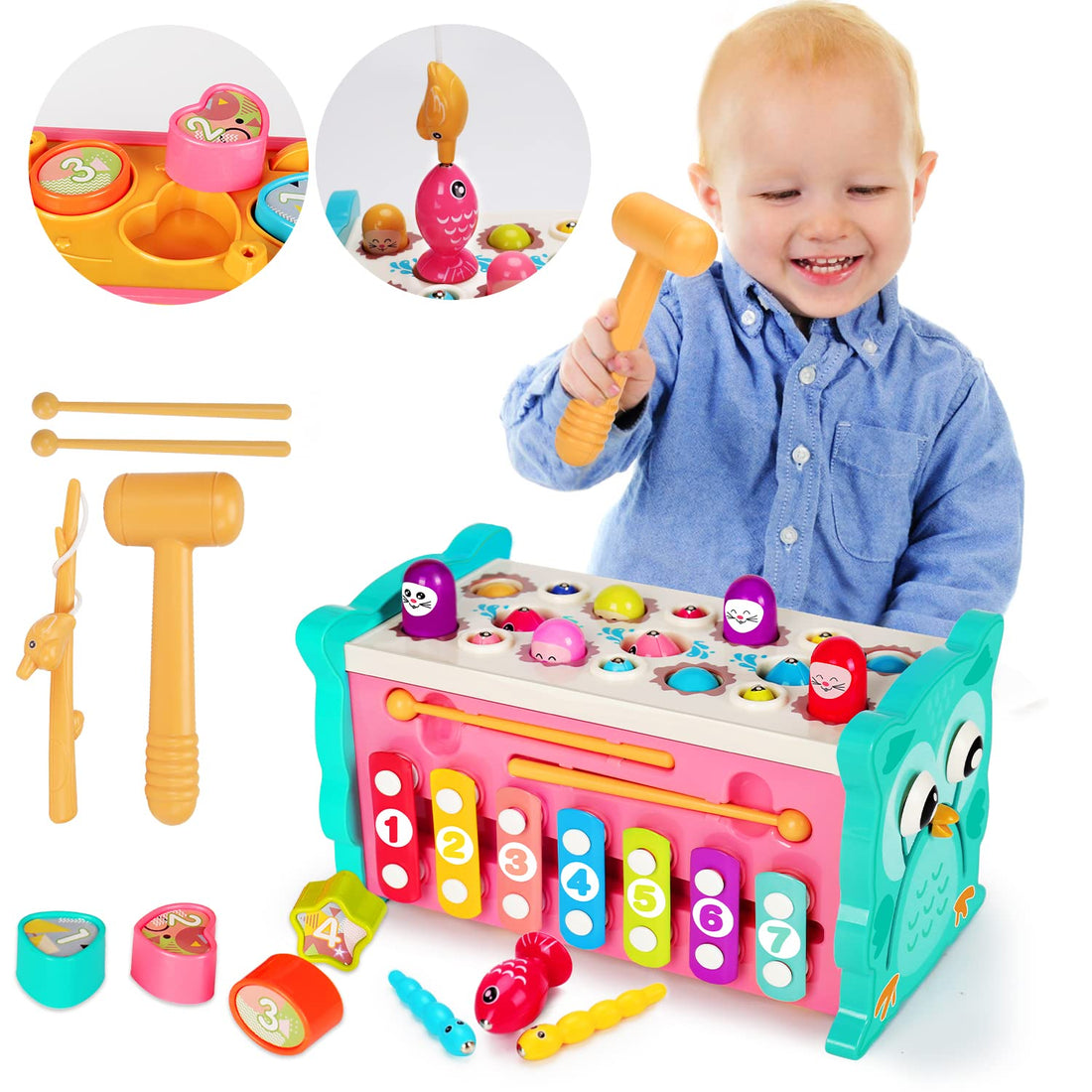 8 in 1 Montessori Hammering Pounding Toys for 1 2 Year Old Educational Fishing Game Xylophone Shape Sorter Developmental Learning Toy Motor Skill Toddler Activity Age 2-4 Boy Girl Easter Treat Gift