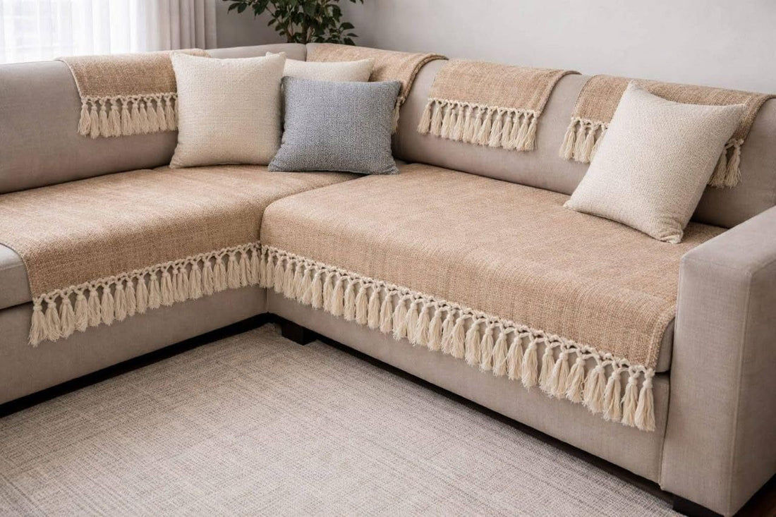 10-Piece Linen Sofa Cover Set with Decorative Tassel Trim, Includes Large Sofa Cover 195x90cm, Medium Sofa Cover 145x90cm, 2 Chair Covers 80x80cm, 6 Cushion Covers 45x45cm, (cafe) .flo