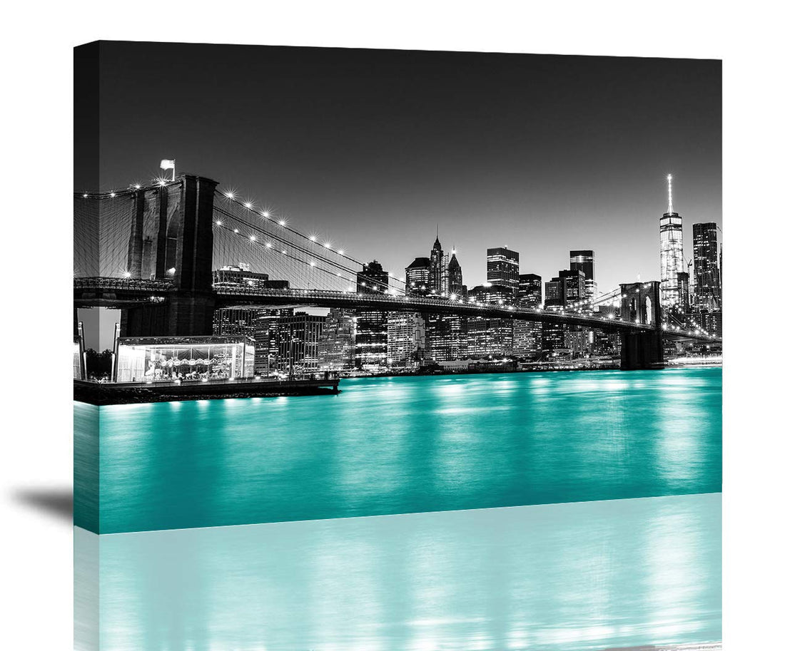 Rtriel Brooklyn Bridge Canvas Wall Art Black and White New York City Night View Picture Teal Blue River Wall Decor 12 x 16 Inch