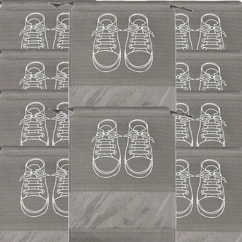 Circle M Large Shoe Storage Bags, Dustproof Drawstring Shoe Bags with Transparent Window, Waterproof Travel Organizer, Portable Shoe Pouches - Grey - 10 pieces