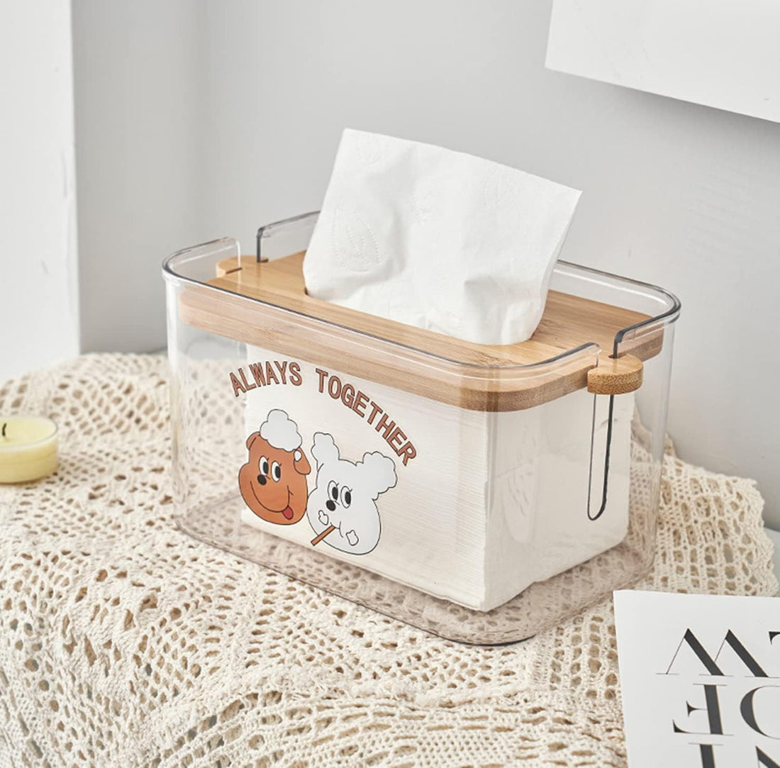 Acrylic Rectangle Cute Bear Print Design Tissue Dispenser With Bamboo Wooden Removable Lid And Lateral scale Practical For Home - Multi Color