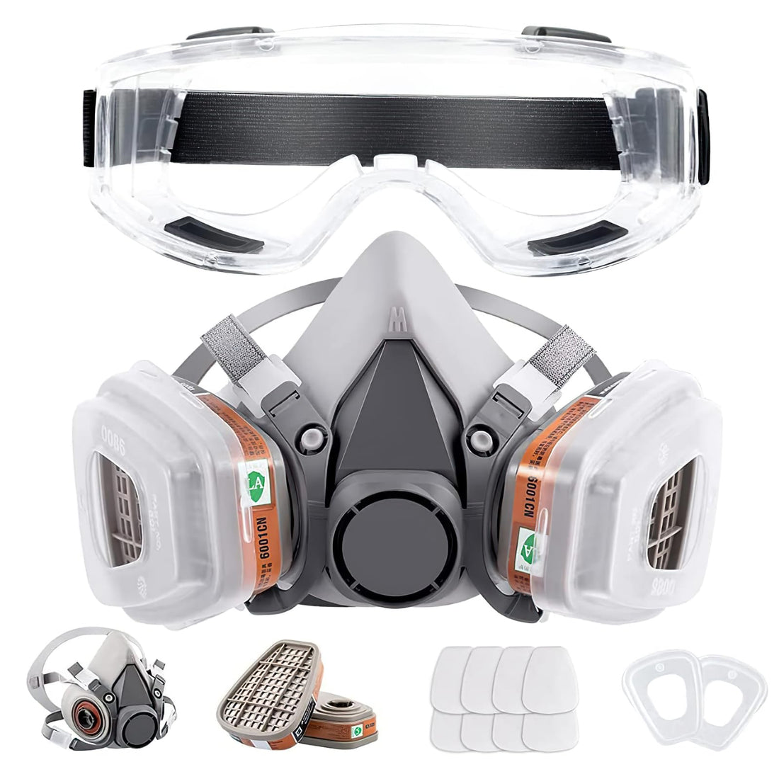 Respirator Mask Reusable Half Face Cover Gas Mask, with Safety Glasses, Half Facepiece Set, for Welding, Wood Working, Against Dust, Organic Vapors, Pollen, Chemicals, Other Work Protection, 1-Pack