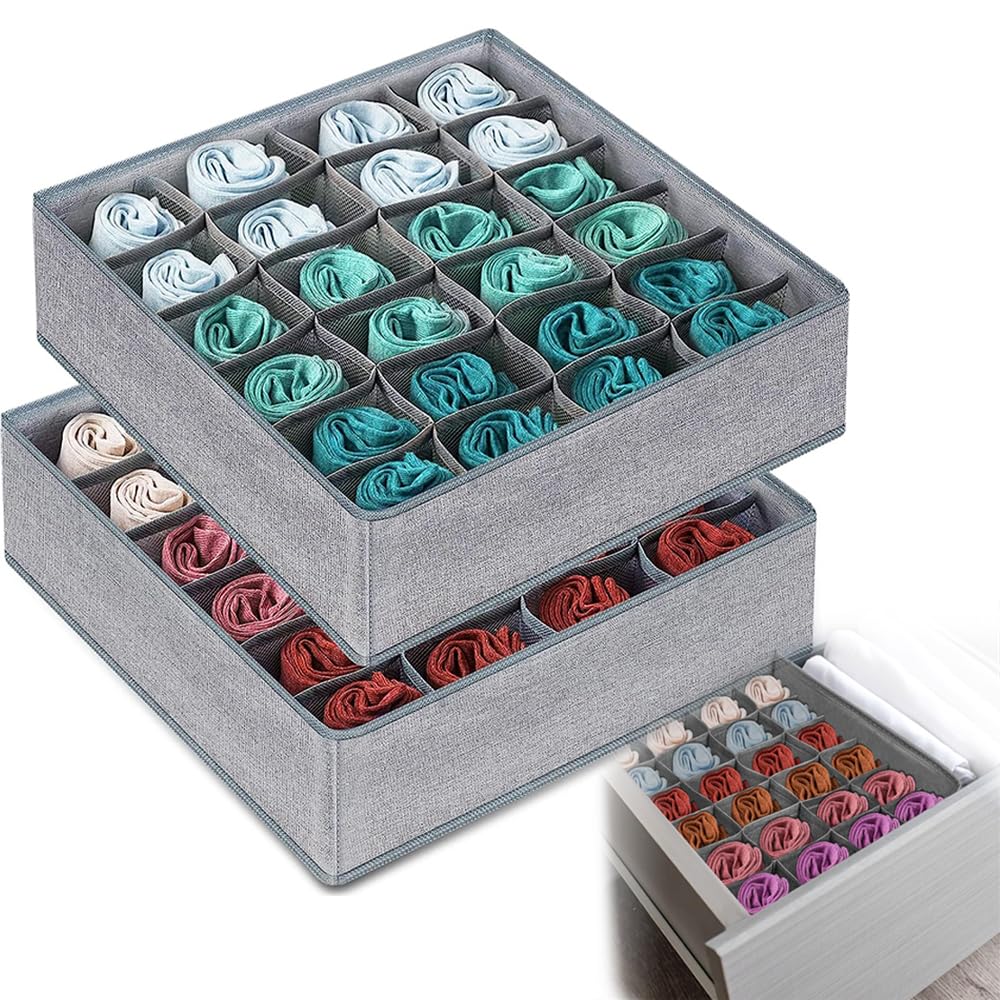 Collapsible Closet Cabinet Organizer, 2 Pack Drawer Organisers, 24 Cells Closet Organisers Storage Box Sock Drawer Organisers for Socks Ties Underwear(Gray)