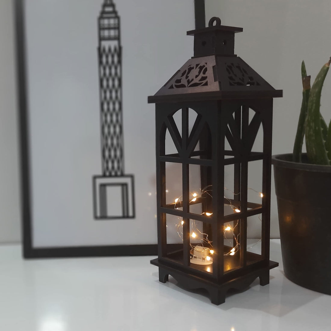 Lantern - Wooden Tabletop Candle Holder, Black, Minimalist, Indoor, Decorative