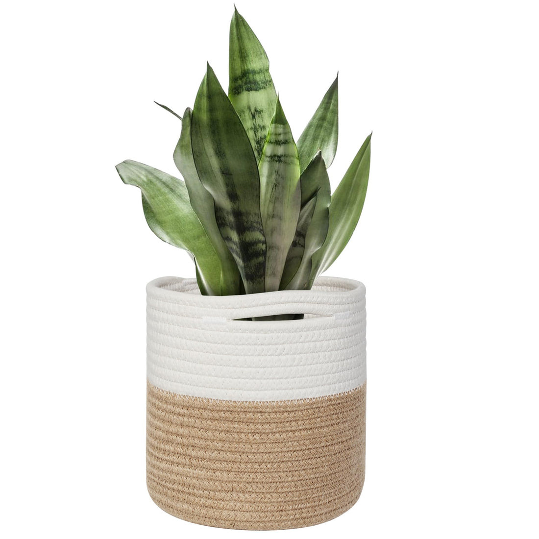 MEGASKET Small Wicker Plant Basket Indoor, 8"x8" Jute Spliced Cotton Rope Basket Planter Up to 7" Pot, Modern Flower Tree Pots Cover, Small Floor Woven Planters, Home Decor Storage Bin