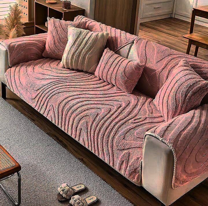 Generic 10-Piece Wave Pattern Sofa Cover Set, Living Room Furniture Protector, Pink, 195x95 cm Large Sofa, 145x95 cm Sofa, 2 Chairs, 6 Cushion Covers