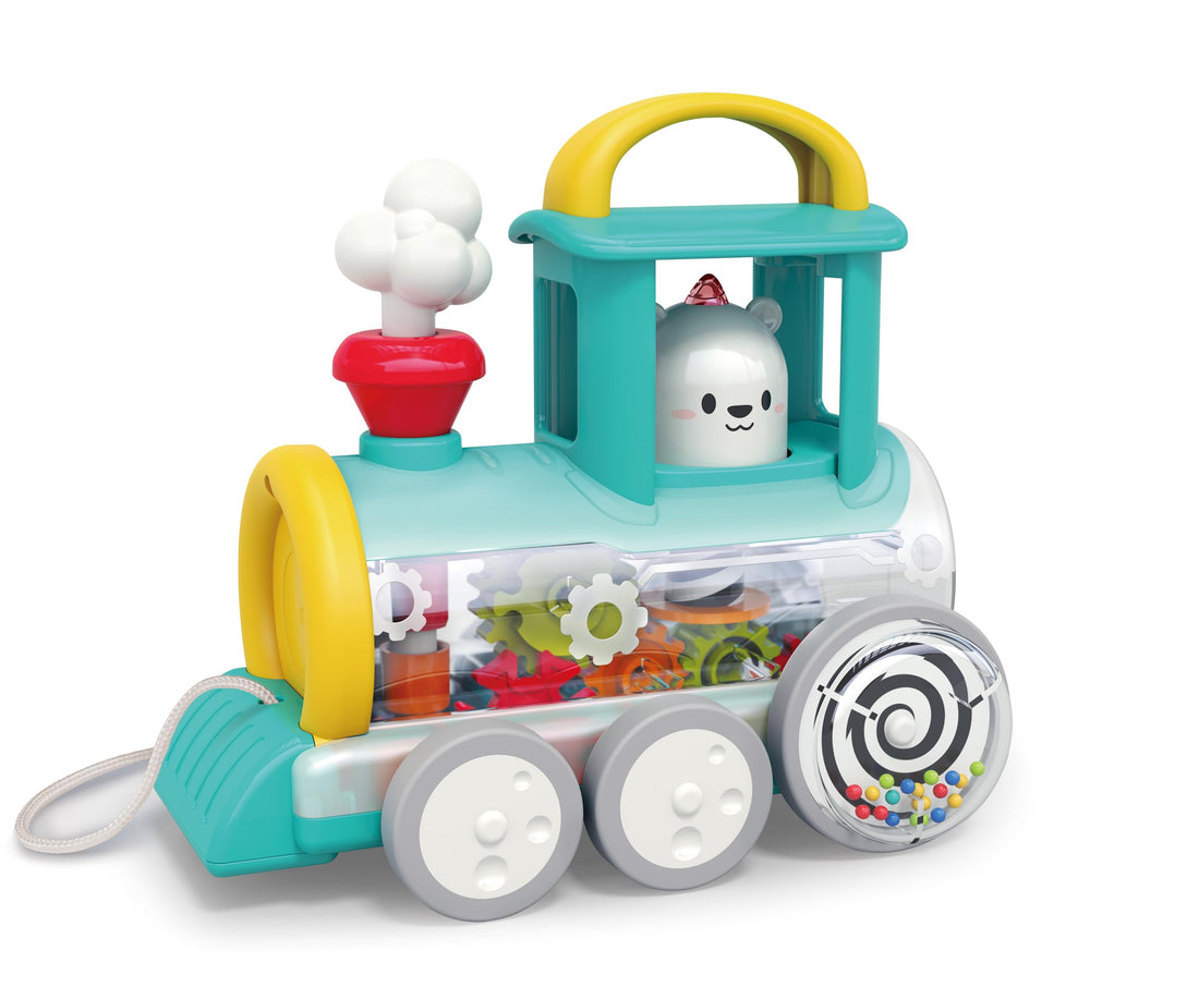 Hola Pull Along Train Engine for Toddlers 6M+, Interactive Toy w/Spinning Bear, Rotating Gears & Moving Smoke, Encourages Crawling, Hand-Eye Coordination, Sensory & Motor Skills, STEAM Toys - Yellow