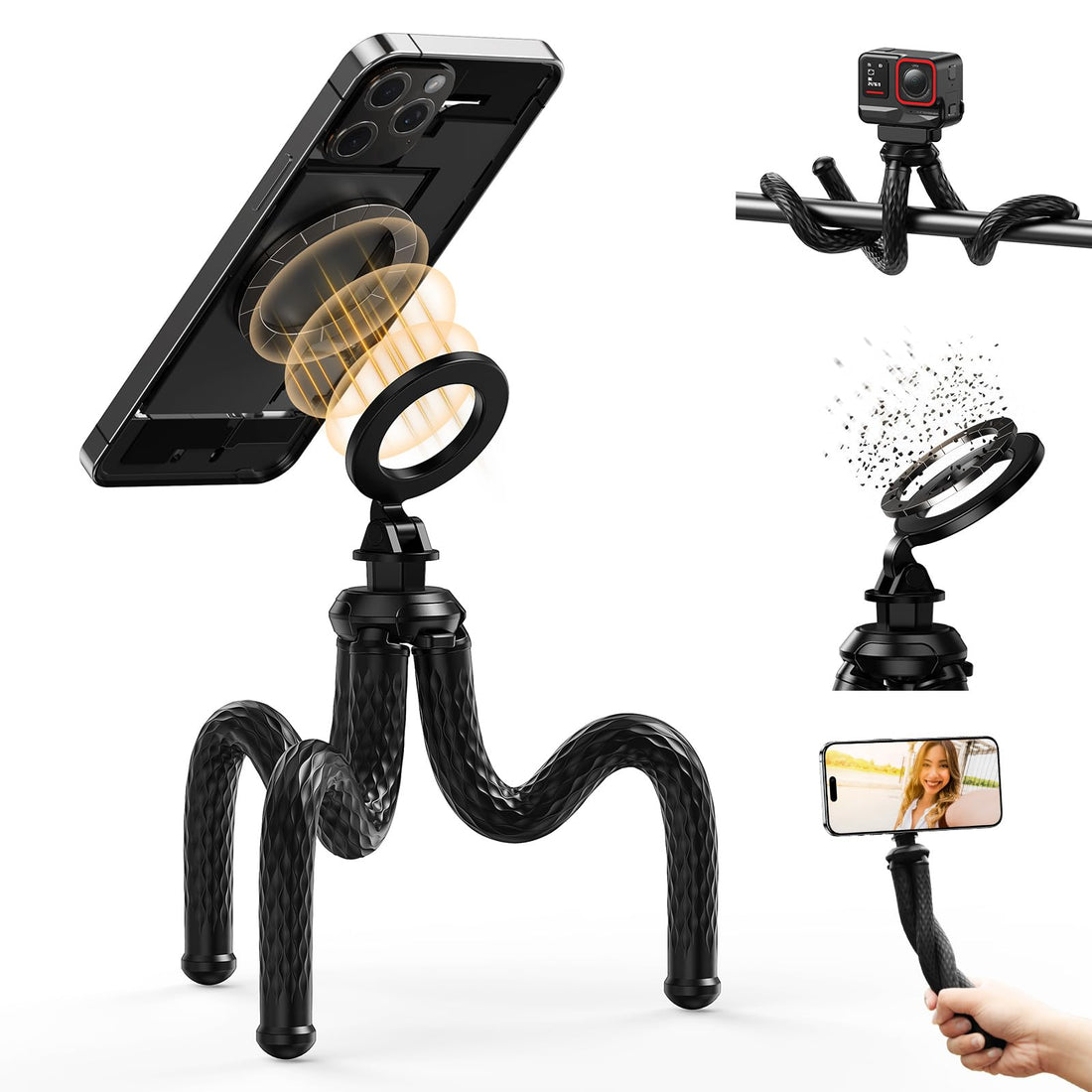 TELESIN° Magnetic Flexible Phone Tripod, Mini Tripod Stand for Magsafe Phones, Bendable Stroller Treadmill Tube Bike Motorcycle Phone Holder Selfie Stick for Video Recording for iPhone Android Phones